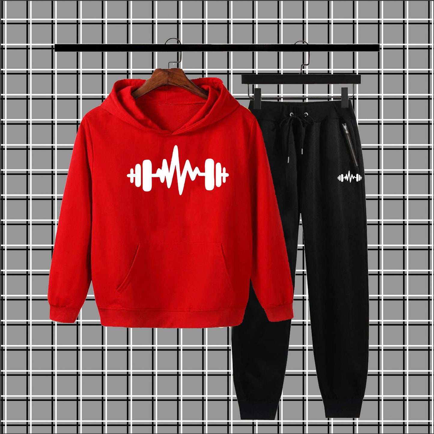 Warm & Stylish: Men's Fleece Heartbeat Logo Winter Tracksuit β Thick Hoodie & Jogger Set
