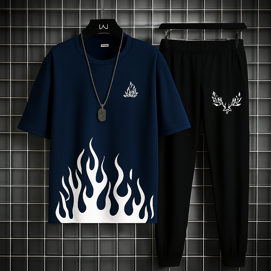 New trendy fired printed black & white premium quality tracksuit for men and boys / Tracksuit for men & boys with shorts or tracksuit for men & boys with trousers - Half Sleeves / Full Sleeves