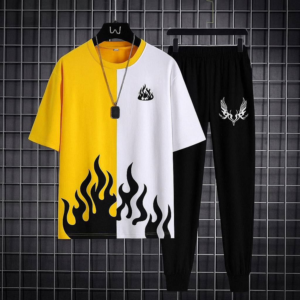 New trendy fired printed black & white premium quality tracksuit for men and boys / Tracksuit for men & boys with shorts or tracksuit for men & boys with trousers - Half Sleeves / Full Sleeves