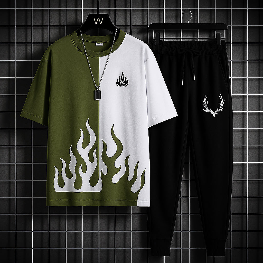 New trendy fired printed black & white premium quality tracksuit for men and boys / Tracksuit for men & boys with shorts or tracksuit for men & boys with trousers - Half Sleeves / Full Sleeves