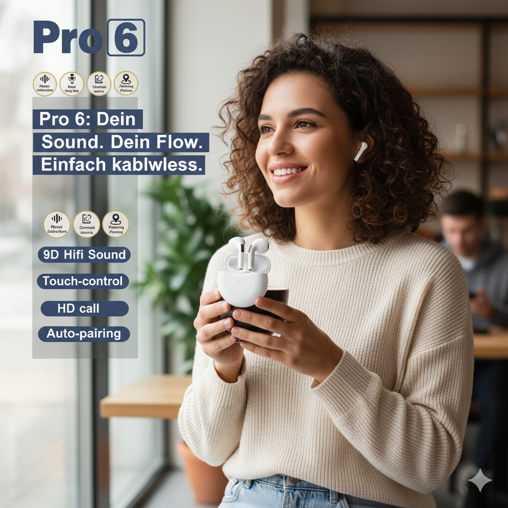 AirPods Pro 6 Hi-Fi Wireless Airbuds 5.0 Bluetooth Earphone Slim small size with Charging Case White