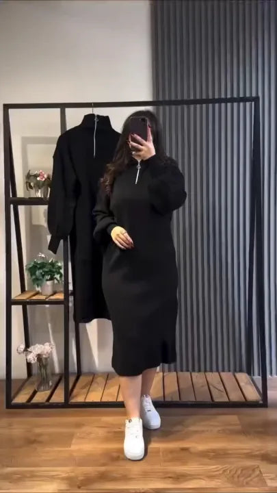 Highneck Zip Bodycon Maxi Dress | Warm Ribbed Knit Winter Sweater Dress