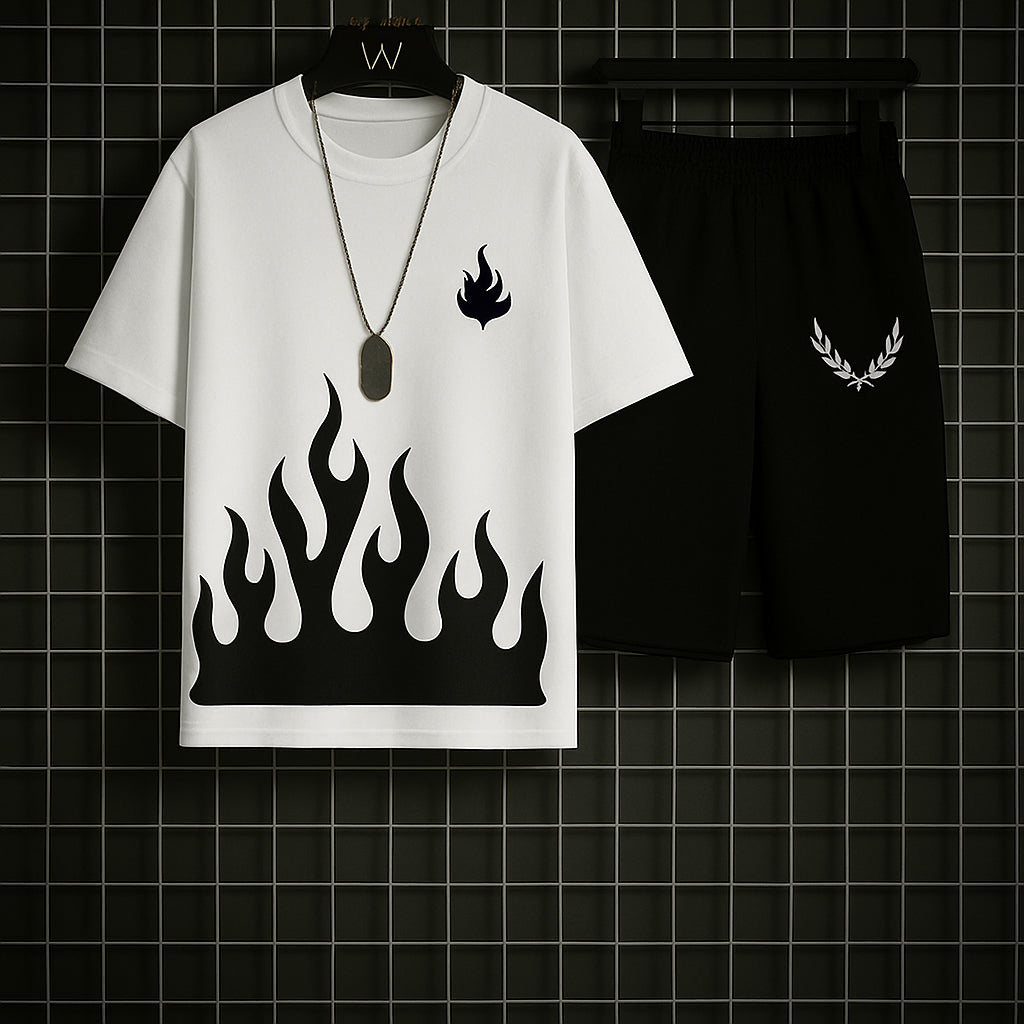 New trendy fired printed black & white premium quality tracksuit for men and boys / Tracksuit for men & boys with shorts or tracksuit for men & boys with trousers - Half Sleeves / Full Sleeves