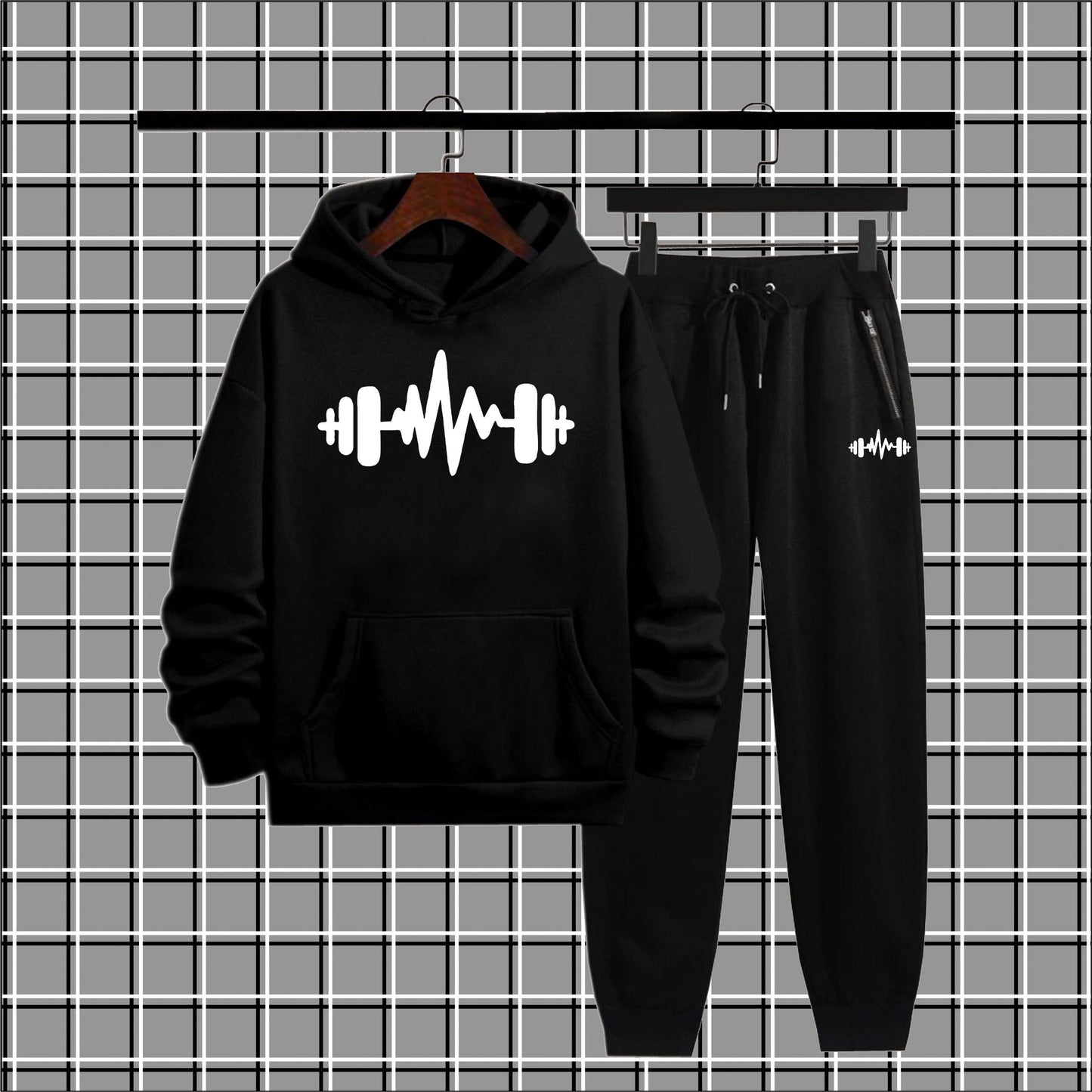 Warm & Stylish: Men's Fleece Heartbeat Logo Winter Tracksuit – Thick Hoodie & Jogger Set