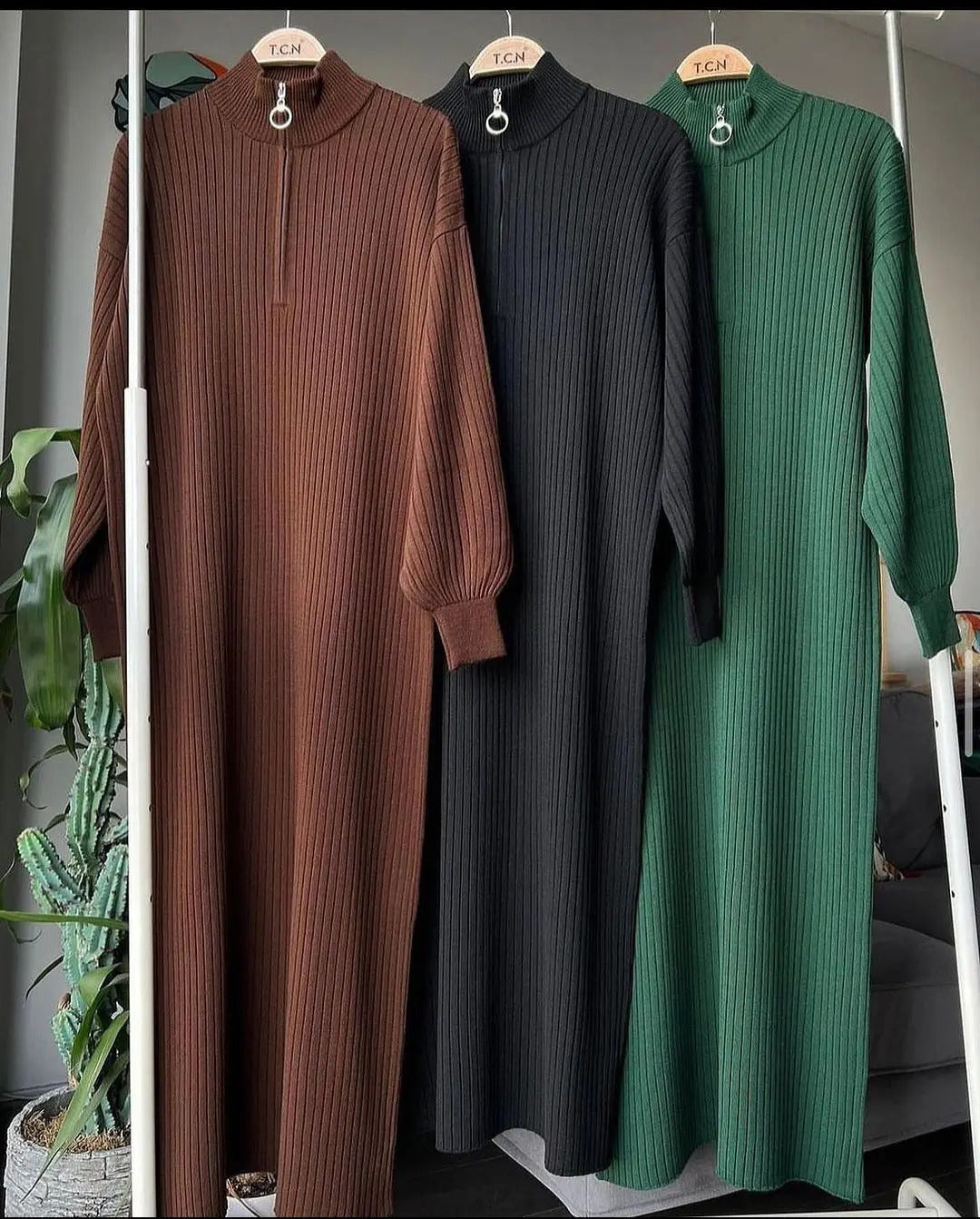 Highneck Zip Bodycon Maxi Dress | Warm Ribbed Knit Winter Sweater Dress