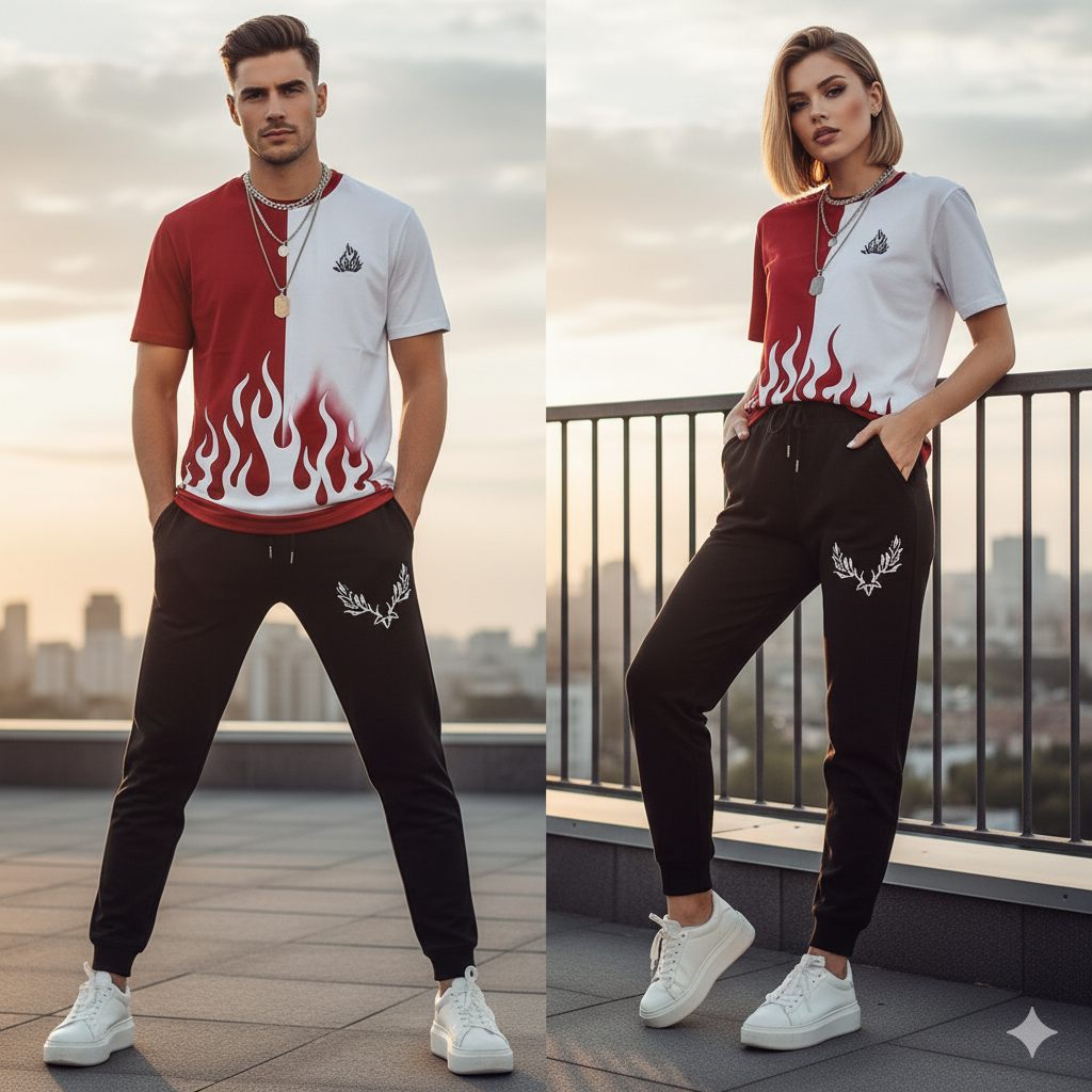 New trendy fired printed black & white premium quality tracksuit for men and boys / Tracksuit for men & boys with shorts or tracksuit for men & boys with trousers - Half Sleeves / Full Sleeves
