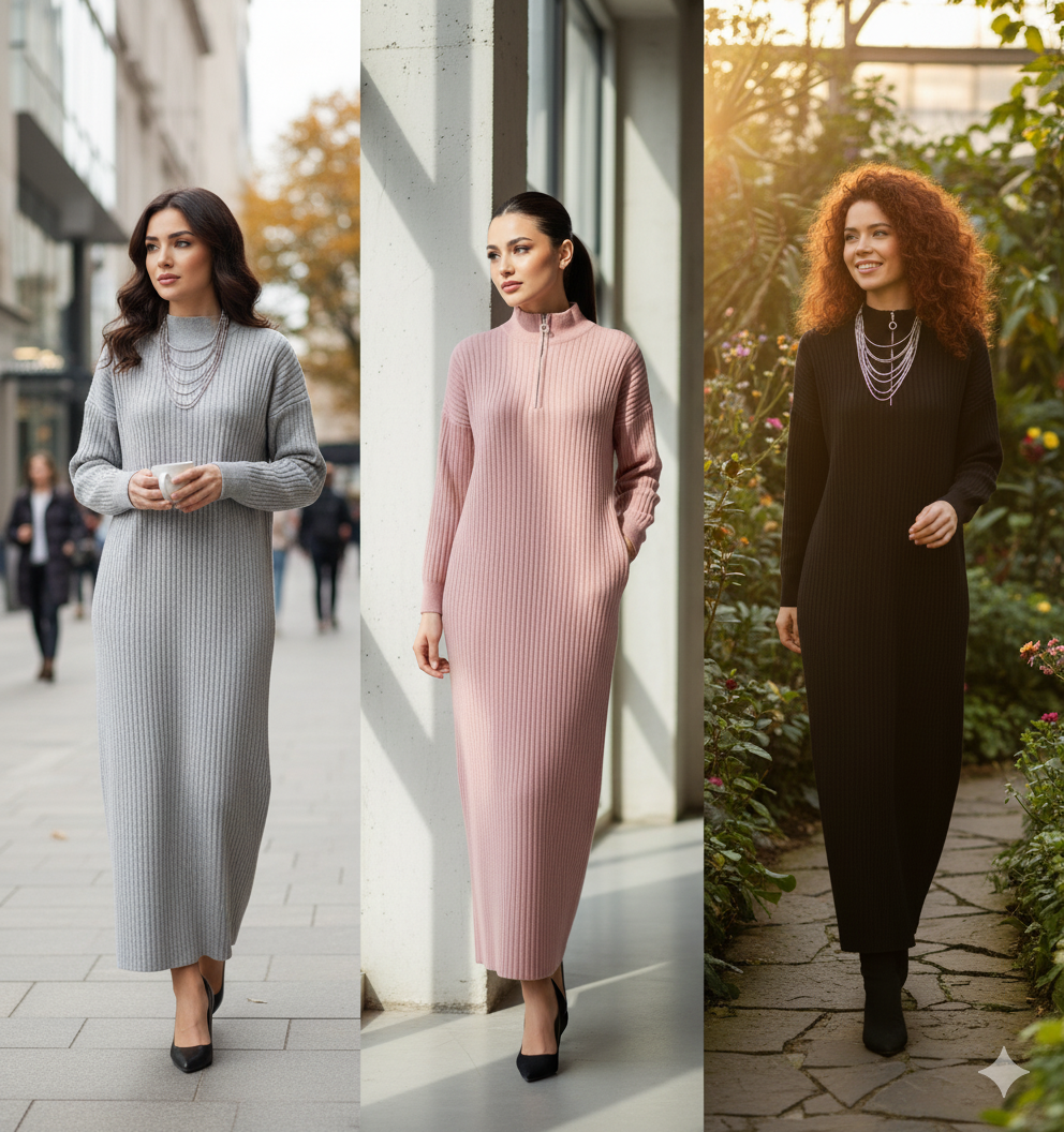 Highneck Zip Bodycon Maxi Dress | Warm Ribbed Knit Winter Sweater Dress