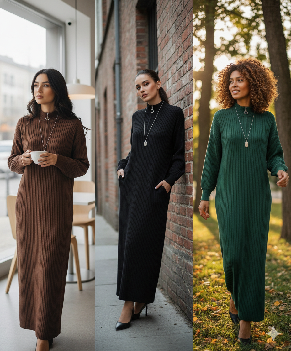 Highneck Zip Bodycon Maxi Dress | Warm Ribbed Knit Winter Sweater Dress