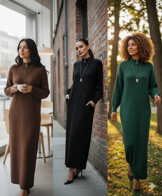 Highneck Zip Bodycon Maxi Dress | Warm Ribbed Knit Winter Sweater Dress