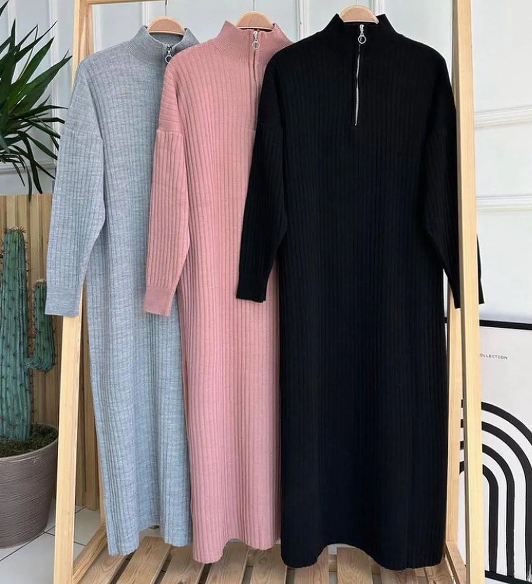 Highneck Zip Bodycon Maxi Dress | Warm Ribbed Knit Winter Sweater Dress