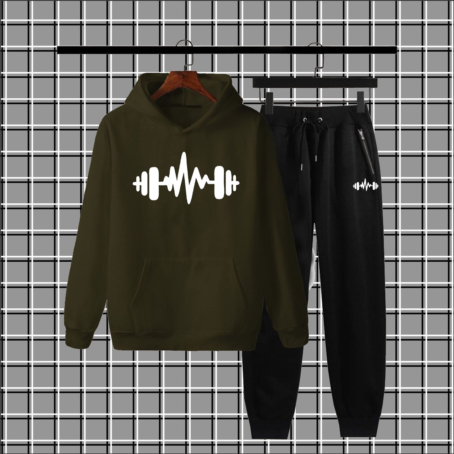 Warm & Stylish: Men's Fleece Heartbeat Logo Winter Tracksuit – Thick Hoodie & Jogger Set