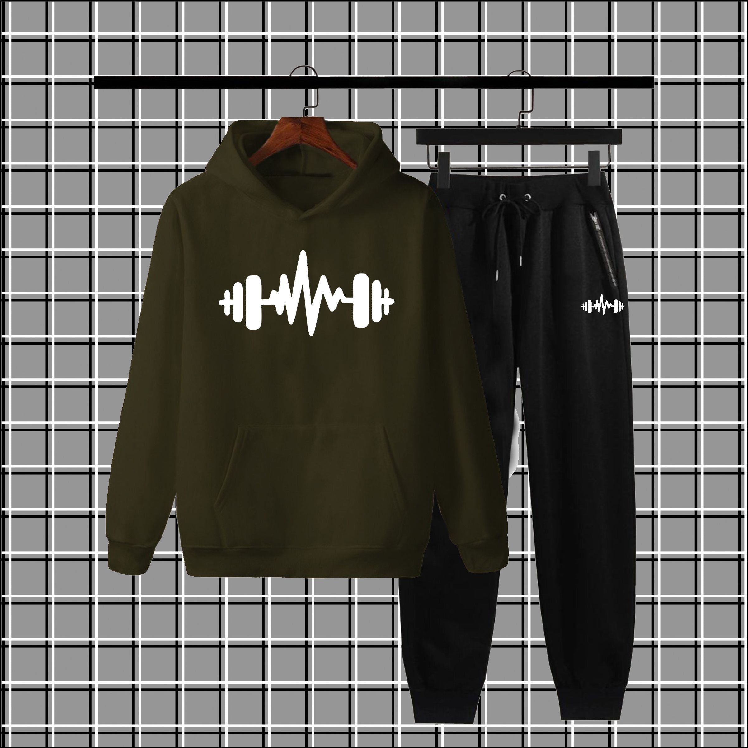 Warm & Stylish: Men's Fleece Heartbeat Logo Winter Tracksuit – Thick Hoodie & Jogger Set