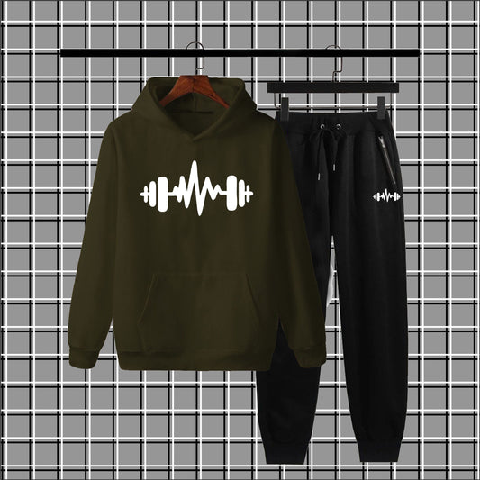 Warm & Stylish: Men's Fleece Heartbeat Logo Winter Tracksuit – Thick Hoodie & Jogger Set