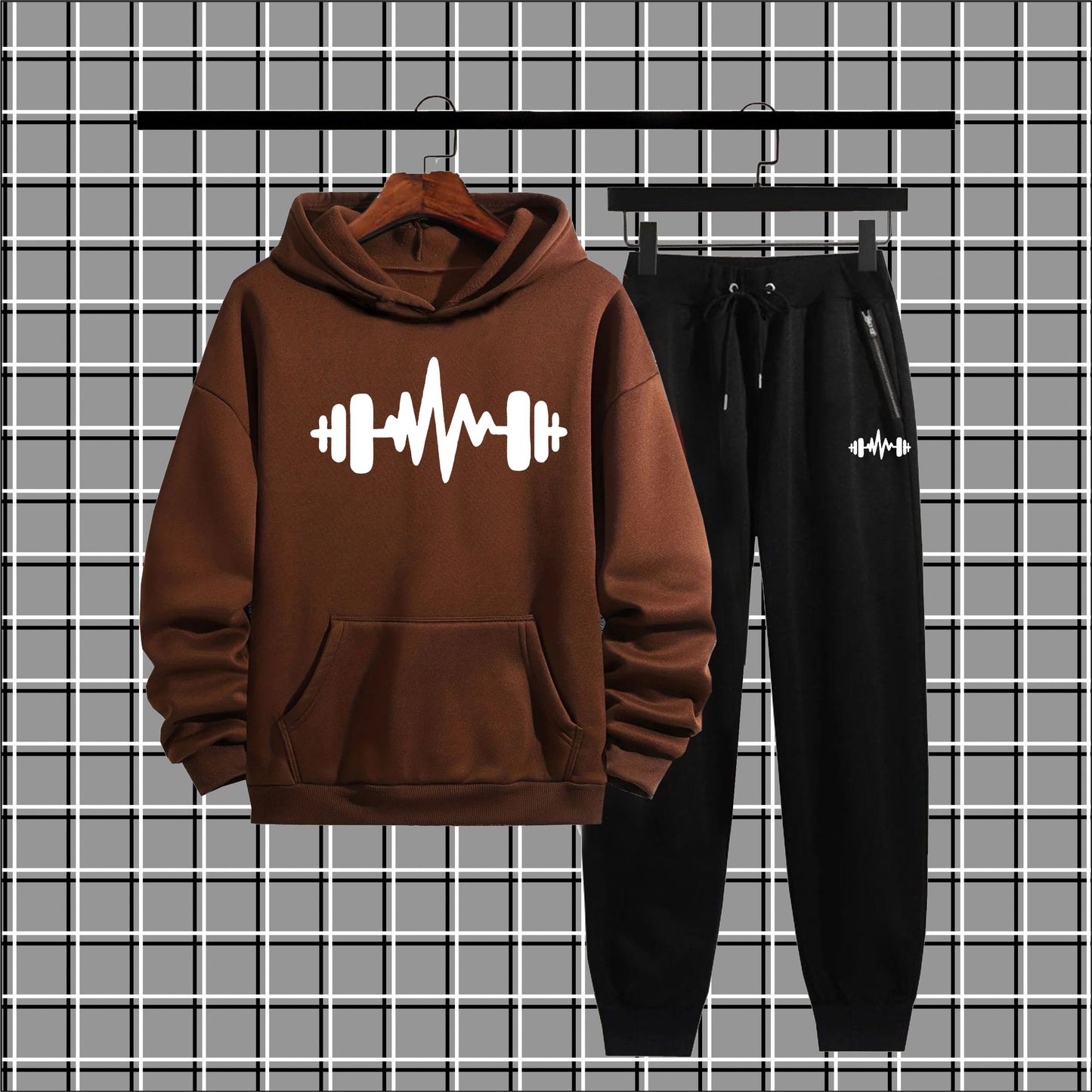 Warm & Stylish: Men's Fleece Heartbeat Logo Winter Tracksuit – Thick Hoodie & Jogger Set